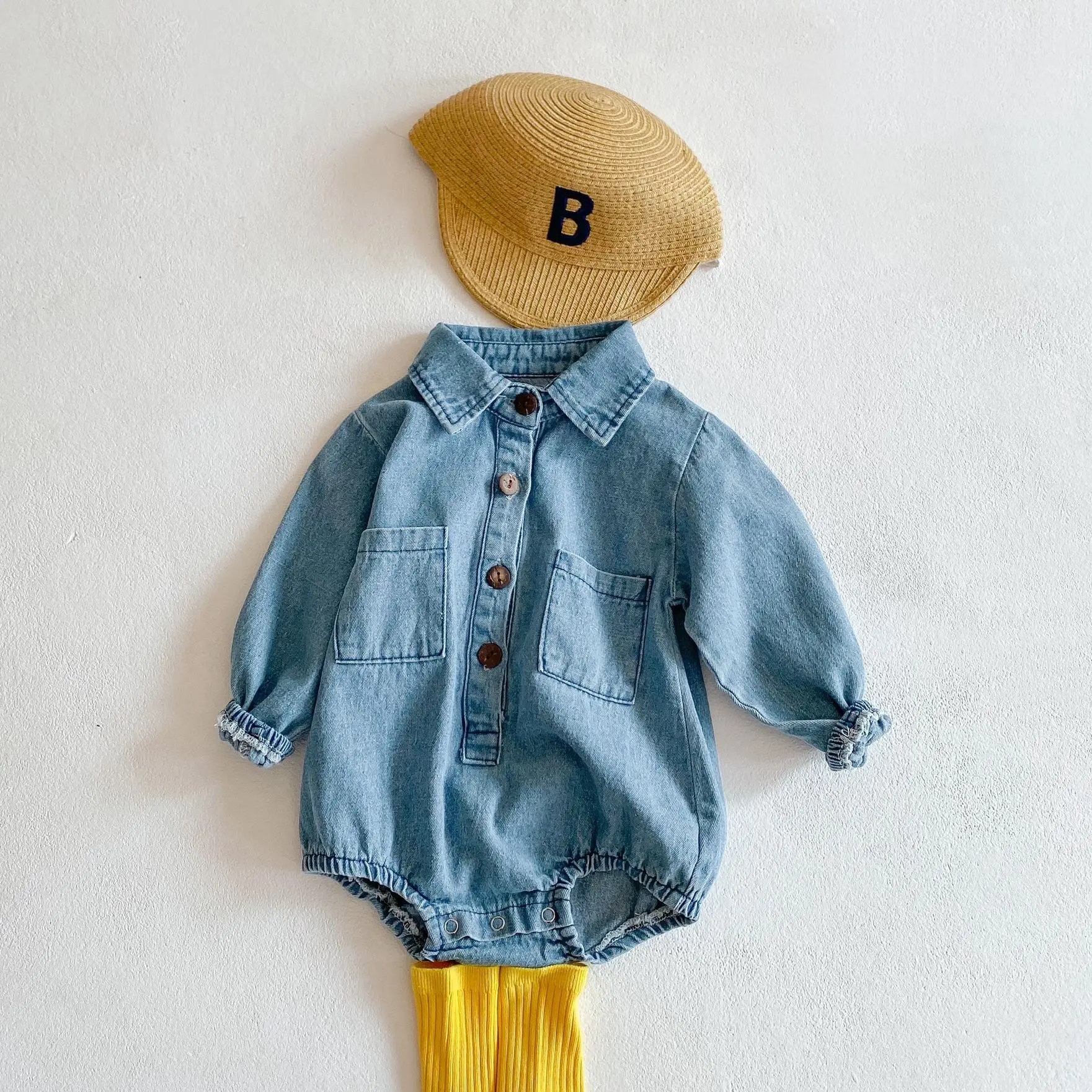 

Baby Clothes Girl 2022 Spring Newborn Baby Clothes Fashion Solid Color Boys Denim Long-sleeved Romper One-piece Triangle Romper