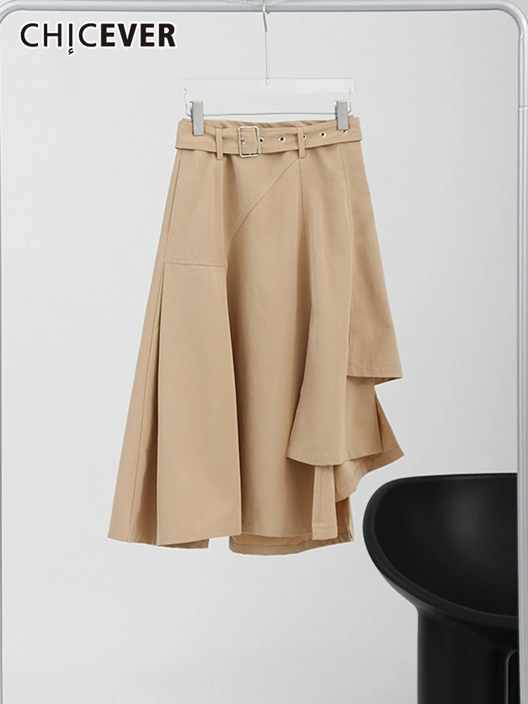 

CHICEVER Asymmetrical Solid Skirt For Women High Waist Patchwork Sashes Irregular Hem Midi Skirts Female Clothing Fashion Summer