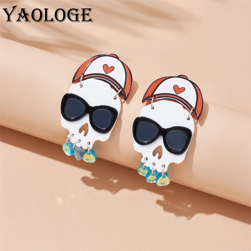 

YAOLOGE Acrylic Red Hat Sunglasses Skull Drop Earrings For Women New Fashion Cartoon Creative Ear Jewelry Party Birthday Gifts