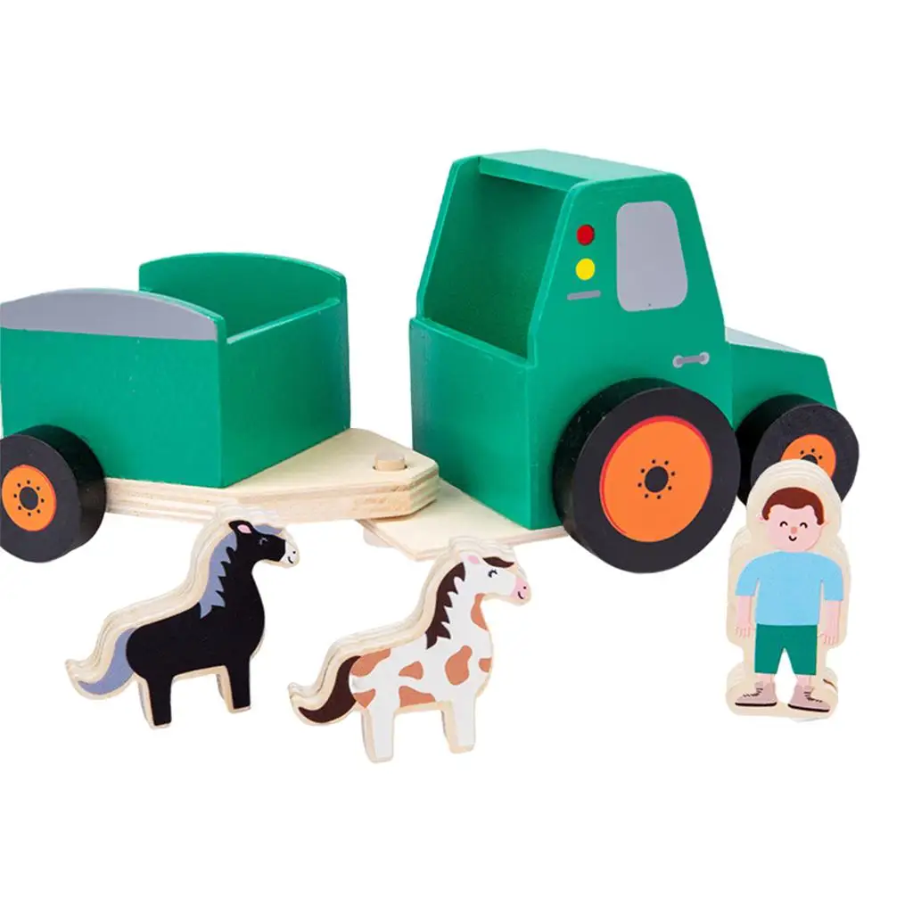 Wood Mini Car Trailer Carrier Truck Smooth Wheels with Driver & Horse Educational Pretend   Party Favors for Age 3+