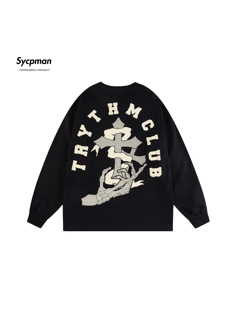 

Свитер Sycpman в американском стиле для мужчин и женщин, повседневный Свободный Топ в стиле хип-хоп с принтом черепа и Креста, с круглым вырезом, для пар, на осень