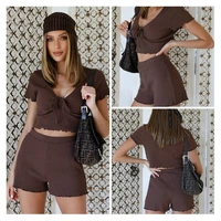 womens new style home service fitness sports two piece suit pit strip drawstring v neck sexy belly button short sleeved shorts