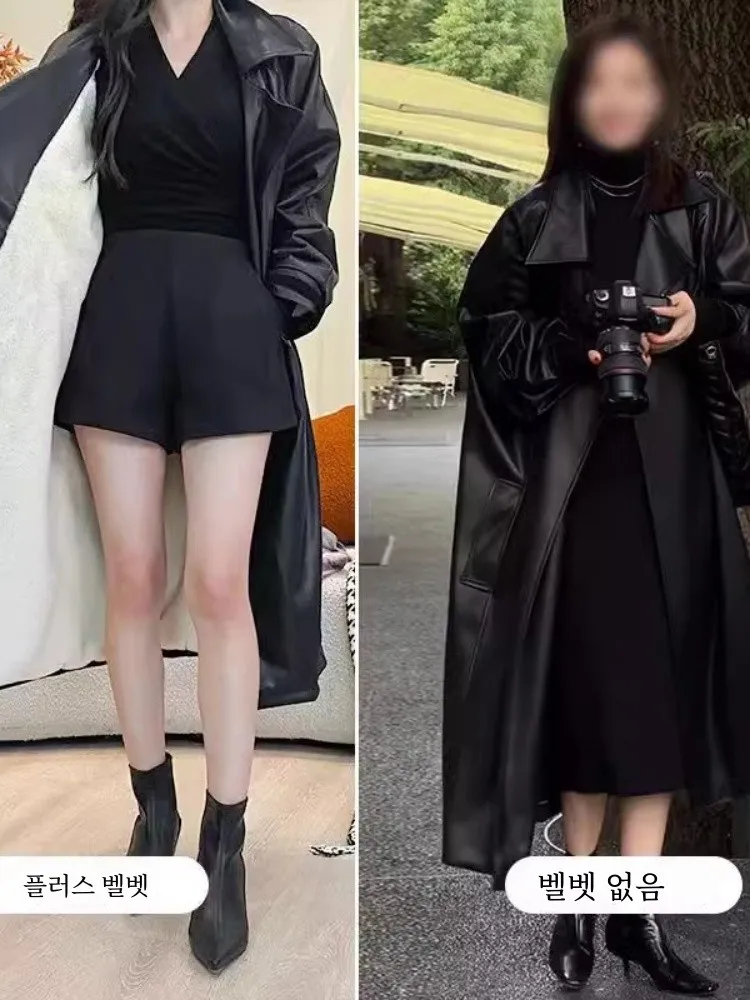 British Sle Black PU Leather Coat Women 2024 New Spring and Autumn Mid-Length Elegant High Sense Loose over the Knee Outerwear