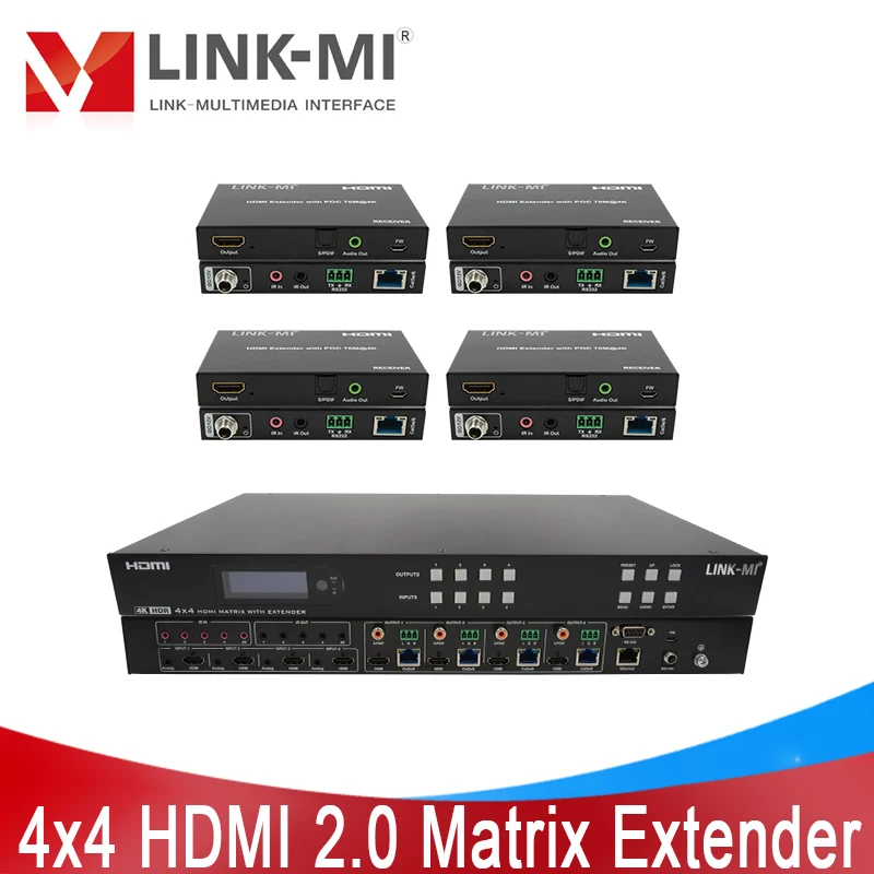 Фото Матричный удлинитель HDMI 70 м 4x4 с 4 петлями HDMI через Ethernet-кабель Ca6, поддержка 4K60 Гц, 18 Гбит/с, HDR, IR, SPDIF, EDID №1