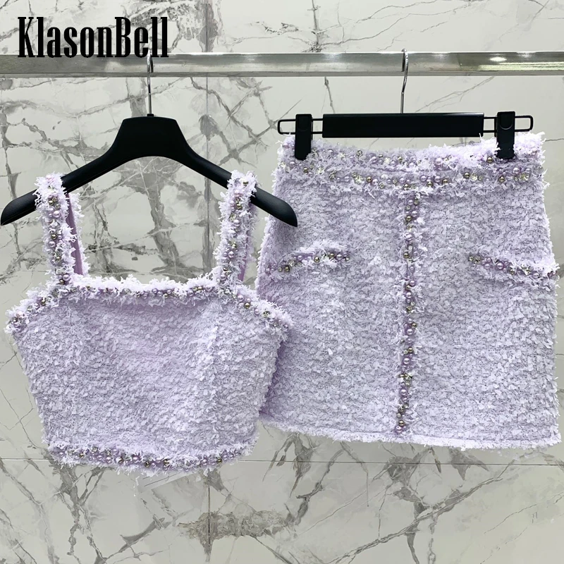 

6.16 KlasonBell Fashion Heavy Industry Pearls Diamonds Beaded Suspender Tank Top Or Tweed Mini Skirt Set Women