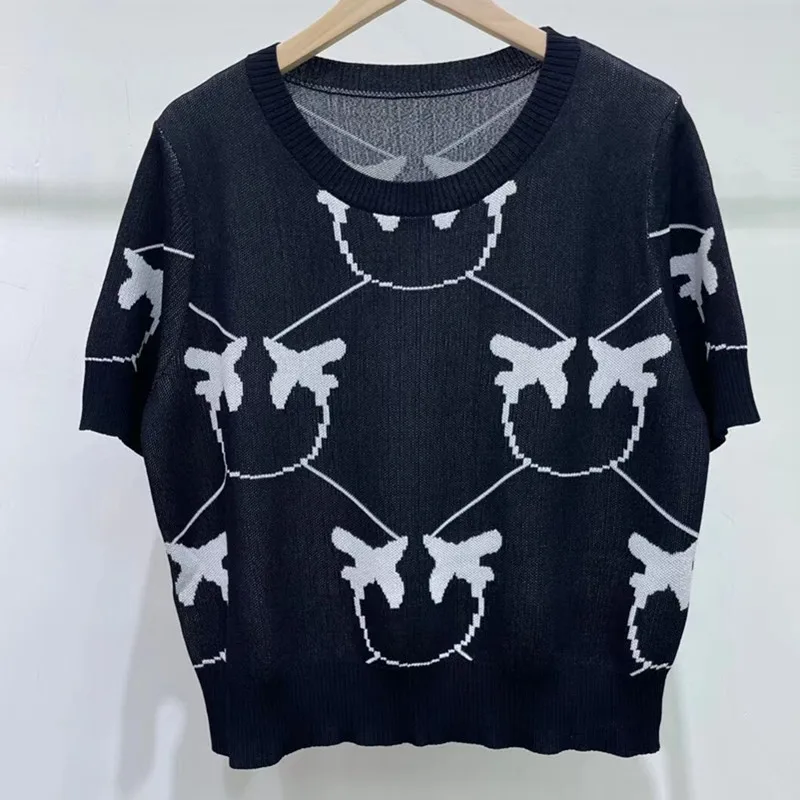 

designer clothes2022 spring / summer new women's bird jacquard short sleeve round neck versatile Knitted Top