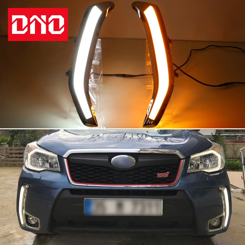 Car LED Daytime Running Lights For Subaru Forester 2013 2014 2015 - 2018 12V Auto DRL Yellow Turn Signal Daylights Foglamp