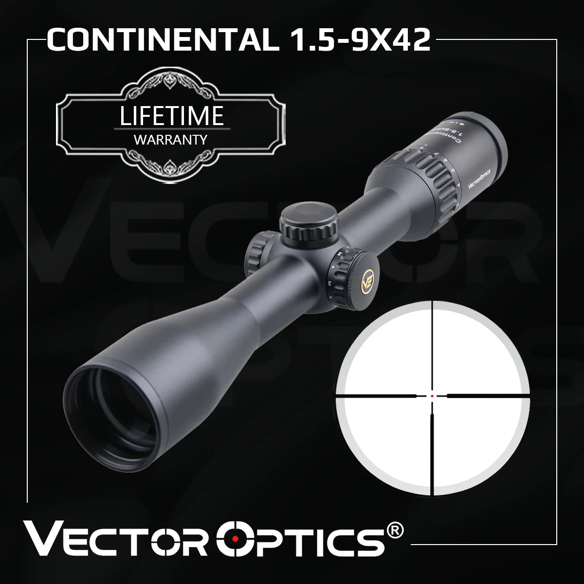 

Vector Optics Continental 1.5-9x42 Hunting Rifle Scope Optical Riflescope 1/4 MOA German #4 Center Dot 90% Light .338 Lapua Mag