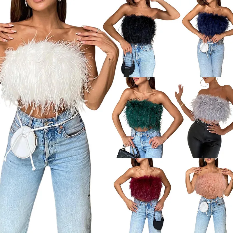 Women Clothes Artificial Fur Feather Vest Summer 2023 Sleeveless T-shirts Strapless Fluffy Backless Slim Tube Tops Streetwear