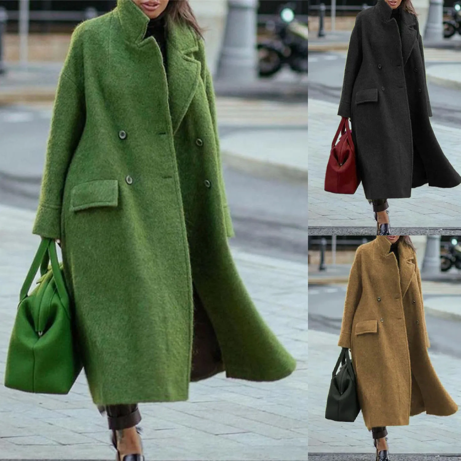 

Autumn and Winter Long Tweed Coat Color Temperament Commuting Beltless Lapel Loose Tweed Green Coat Women