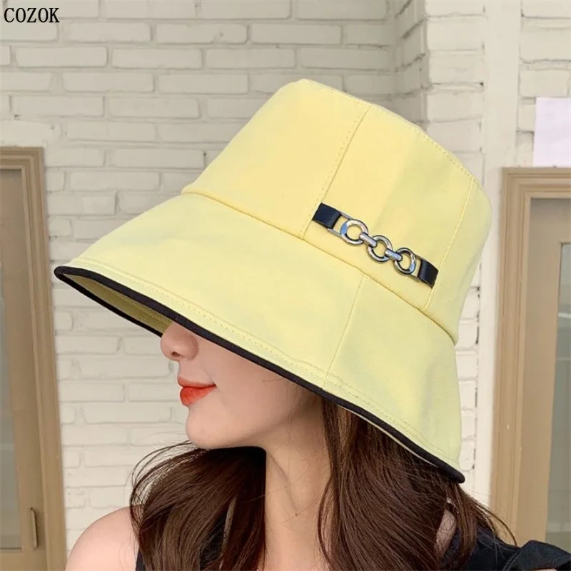New Summer Face Covering Sunscreen Fashion Chain Buckle Cotton Bucket Hat Outdoor Fashion Cap Cappello Donna Bonnet Femme Gorros