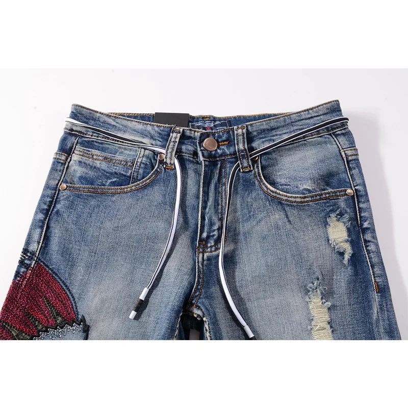 New Fashion Men's Jeans Indian Embroidery Hole Grinding Straight Elastic Jeans Streetwear Men Denim Pants