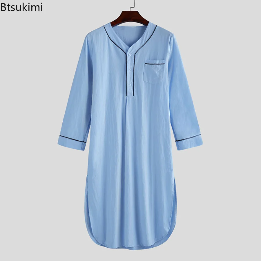 2023 Muslim Fashion Men Jubba Thobe Solid Pajamas Casual Abayas Muslim Robe Long Sleeve Nightgown Bathrobes Mens Muslim Kaftan