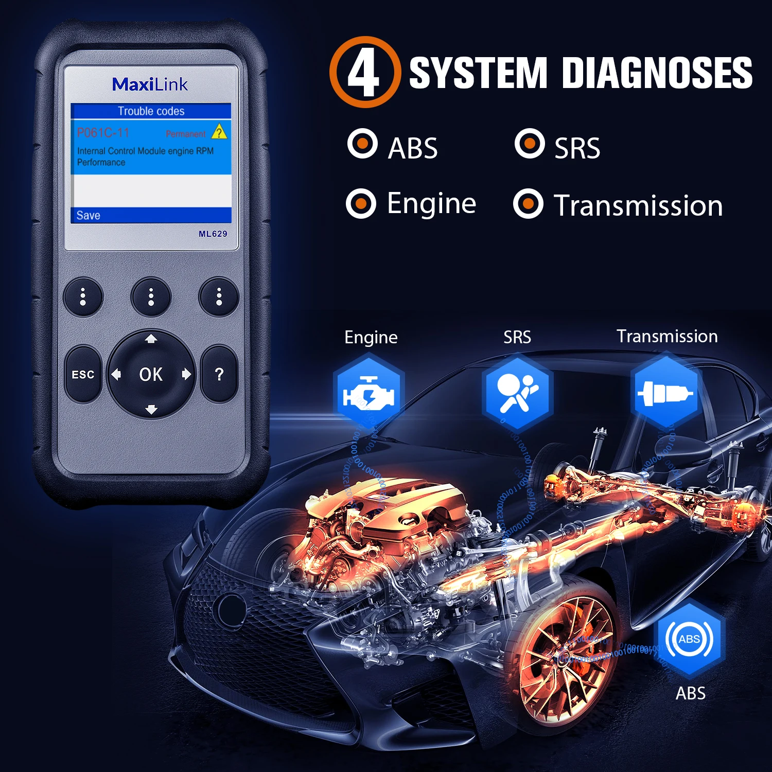 Autel MaxiLink ML629 OBD2 Scanner ABS SRS Engine Transmission Diagnoses OBD II Full Functions PK ML619 for DIYers Professionals |