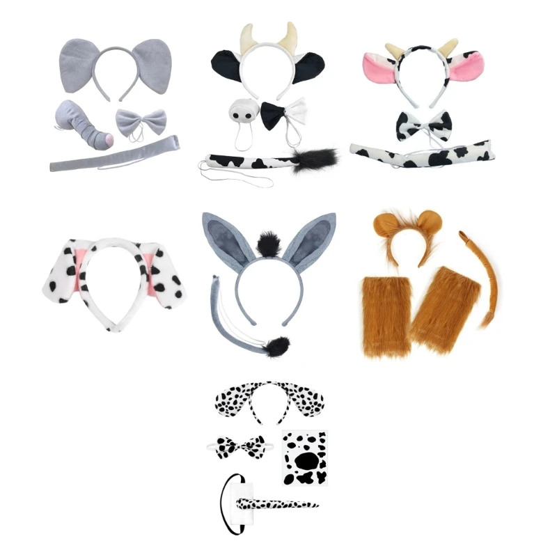 

2023 New Elephant/Cow/Dog/Lion/Donkey-Costumes Set Ears Headband Tail Bow Nose Gloves for Kid Halloween Christmas Animal Cosplay