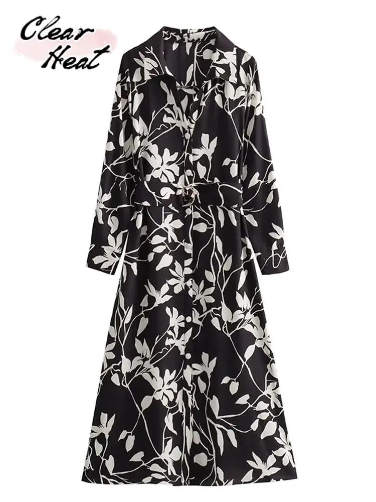 

Женское платье макси с запахом, черное элегантное платье с цветочным принтом, круглым вырезом и длинным рукавом, свободное платье, женская элегантная верхняя одежда, 2023