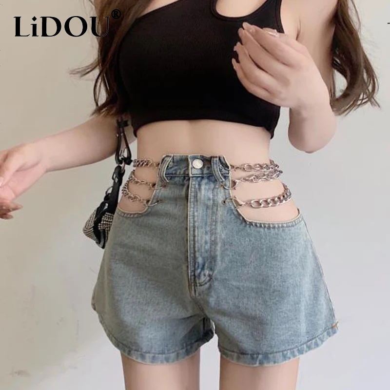 Summer New Streetwear High Waist Chain Hollow Out Shorts Hipster Trend Fashion Y2K Loose Casual Short Pants Women's Clothing
