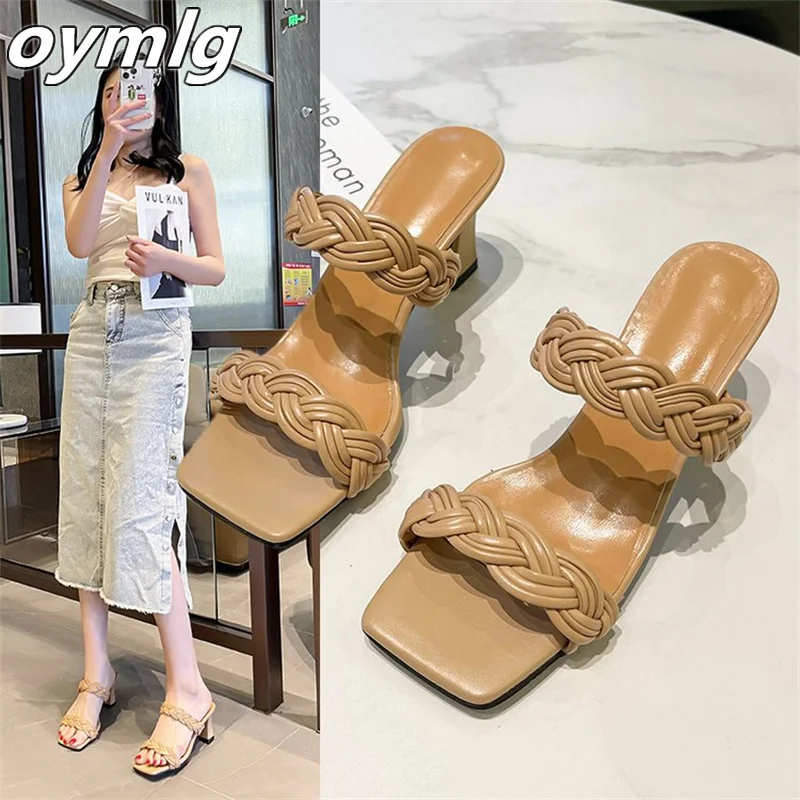 

Тапочки женские летние на толстом каблуке, сандалии с открытым носком, модные туфли с квадратным носком, однословные, большие размеры