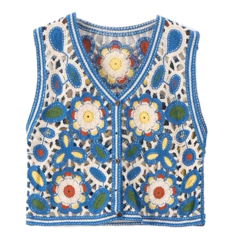 

Cute Embroidery Floral Tops Sleeveless Korean Crochet Vest Young Girl Student