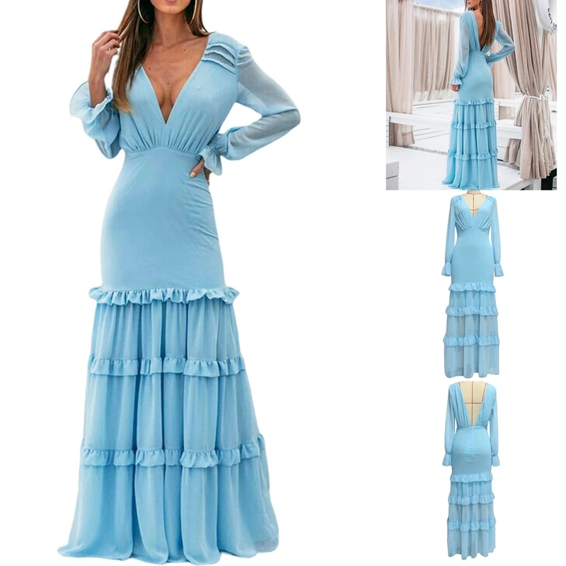 

Cocktail Party Dresses V-Neck Sexy Slim Ruffle Long Sleeve Backless Prom Evening Dress Ball Gown Blue