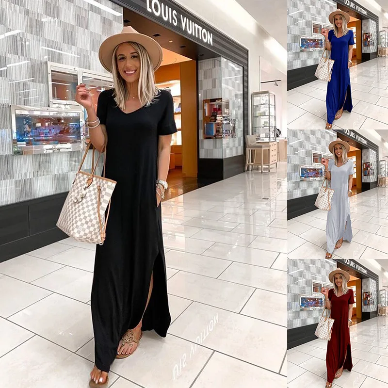 

Ladies T-shirt Dress Women Summer Beach Bohemian Sexy Elegant Party V-neck Casual Pocket Loose Dress Soft Photographic Clothing