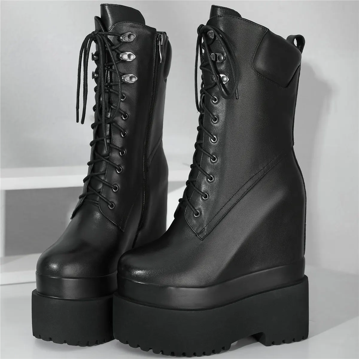 High Top Snow Boots Women Lace Up Genuine Leather Wedges High Heel Platform Pumps Female Round Toe Fashion Sneakers Casual Shoes