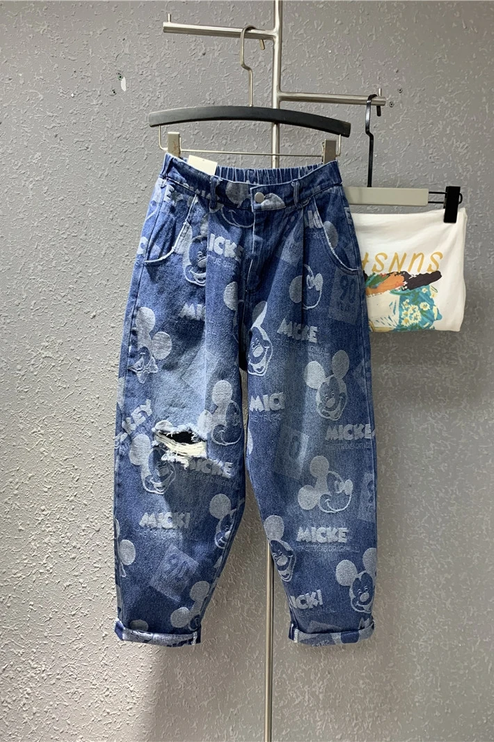 Cartoon Ripped Loose-Fit Jeans European Style Summer 2023 New Long Slimming Slim Fit Dad Harem Pants Jeans High Waisted Trousers