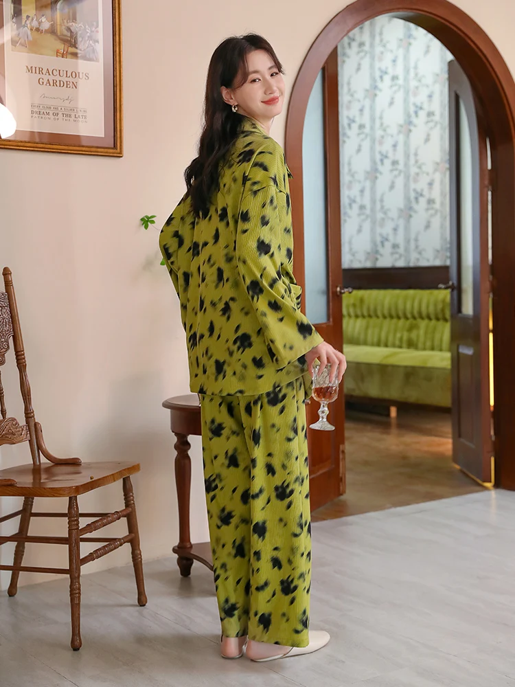 Pajamas Women's Autumn and Winter Knitted Green High-Grade Casual Suit Loose Long Sleeve Home Wear Can Be Worn outside