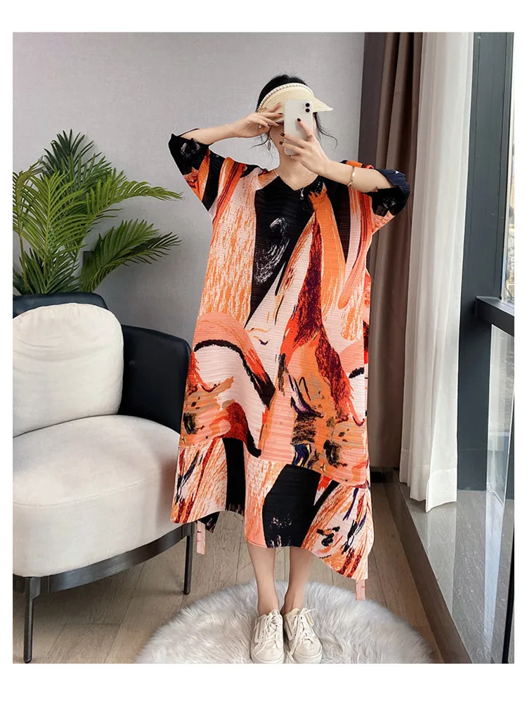 

Miyake плиссированное платье 2022 женское весеннее и летнее темпераментное свободное платье Большой размер рукав три четверти с принтом