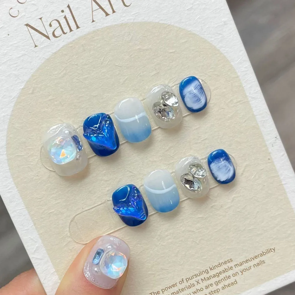 

Handmade Press on Nails Short Mermaid Ocean Rhinestone Decoration Nail Art Design Advanced Sense Green Nails Wearable New