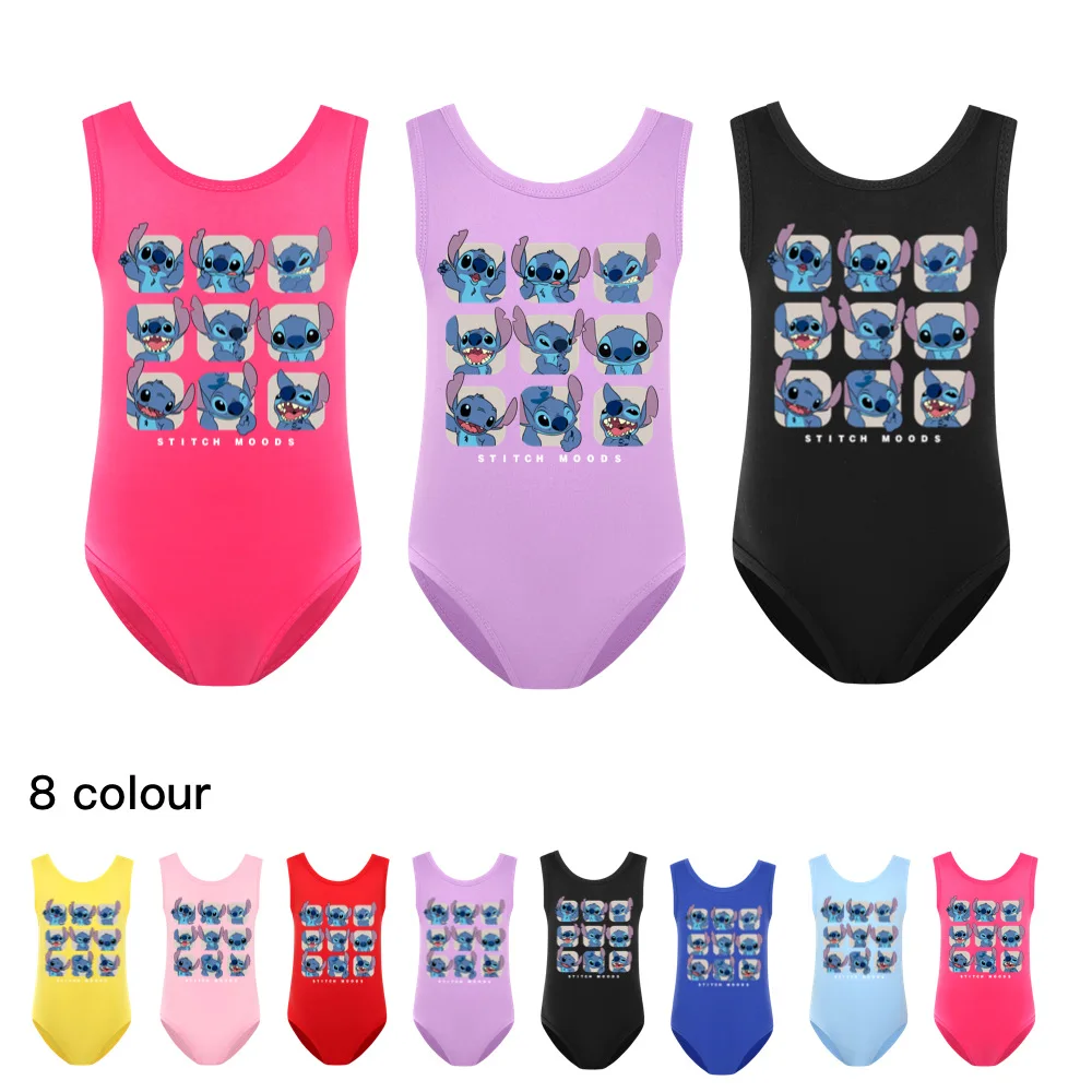 

2022 New Disney Stitch Summer Girls Cartoon Printing Imitation Cotton Milk Silk Round Neck Vest Style Beach Cute Swimsuit