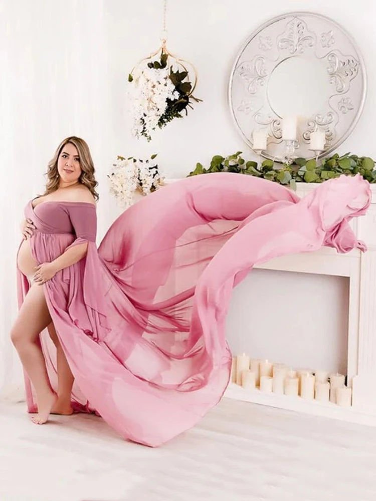 Enlarge Chiffon Maternity Dresses for Photo Shoot Front Opening Pregnancy Photoshoot Dress Baby Shower Dress for Women Pregnant Woman