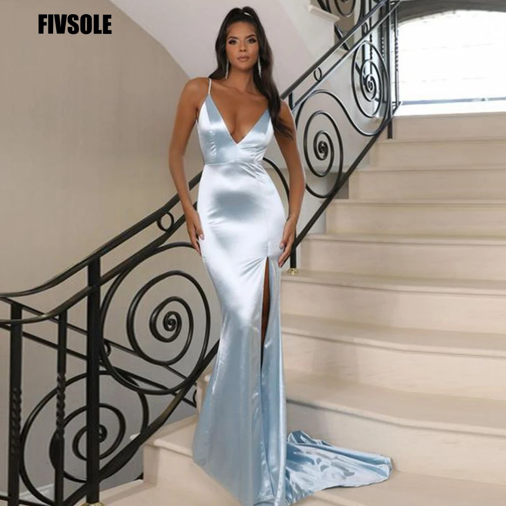 

Fivsole V Neck Satin Evening Dresses Spaghetti Strap Side Slit Prom Dress Saudi Arabia Evening Gowns Party Dress Robe De Soiree