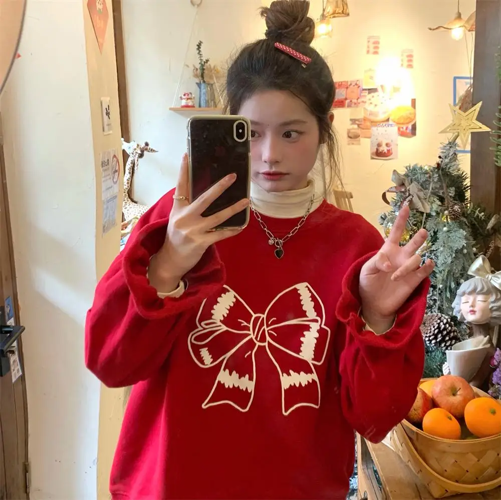 

Red Fleece Autumn Hoodies Women O-Neck Long Sleeve Vintage Casual Sweatshirts Loose Harajuku Pullovers Bow Print 2022 M668