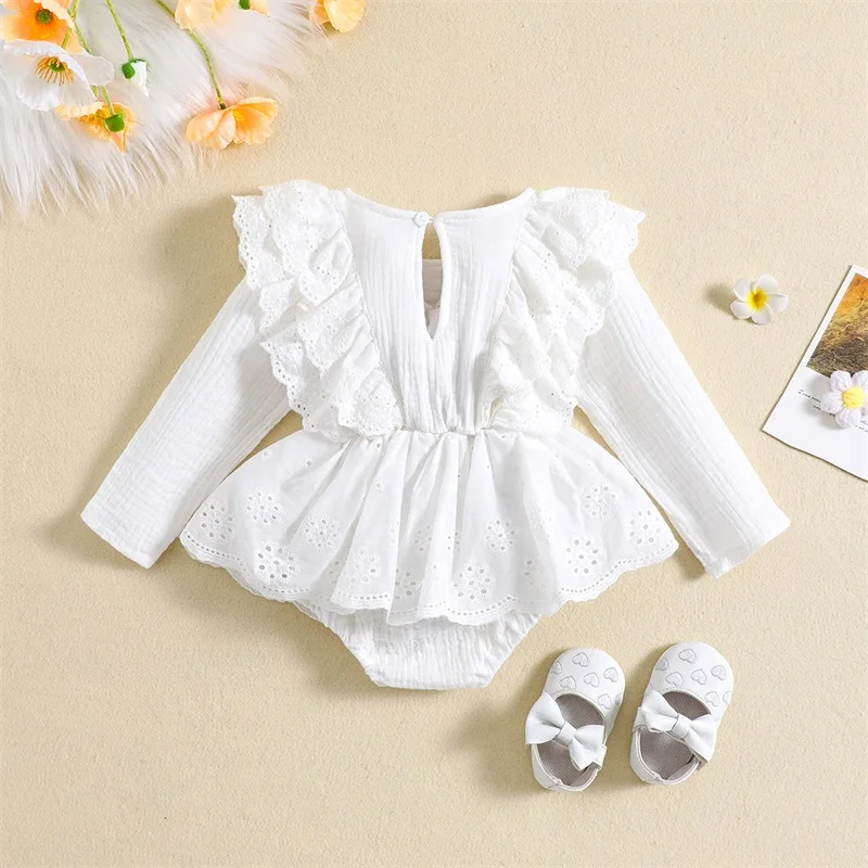 

Baby Girl Romper Dress Ruffle Patchwork Long Sleeve Crewneck Solid Color Bodysuit Newborn Clothes