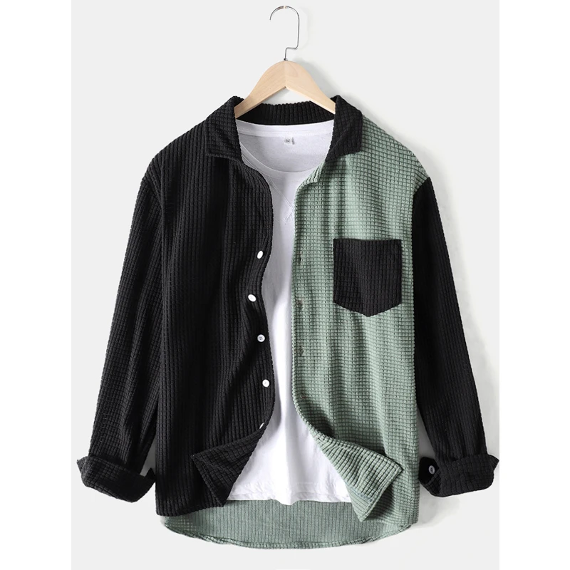 

New Men's Casual Color-blocking Loose Corduroy Long-sleeved Shirt