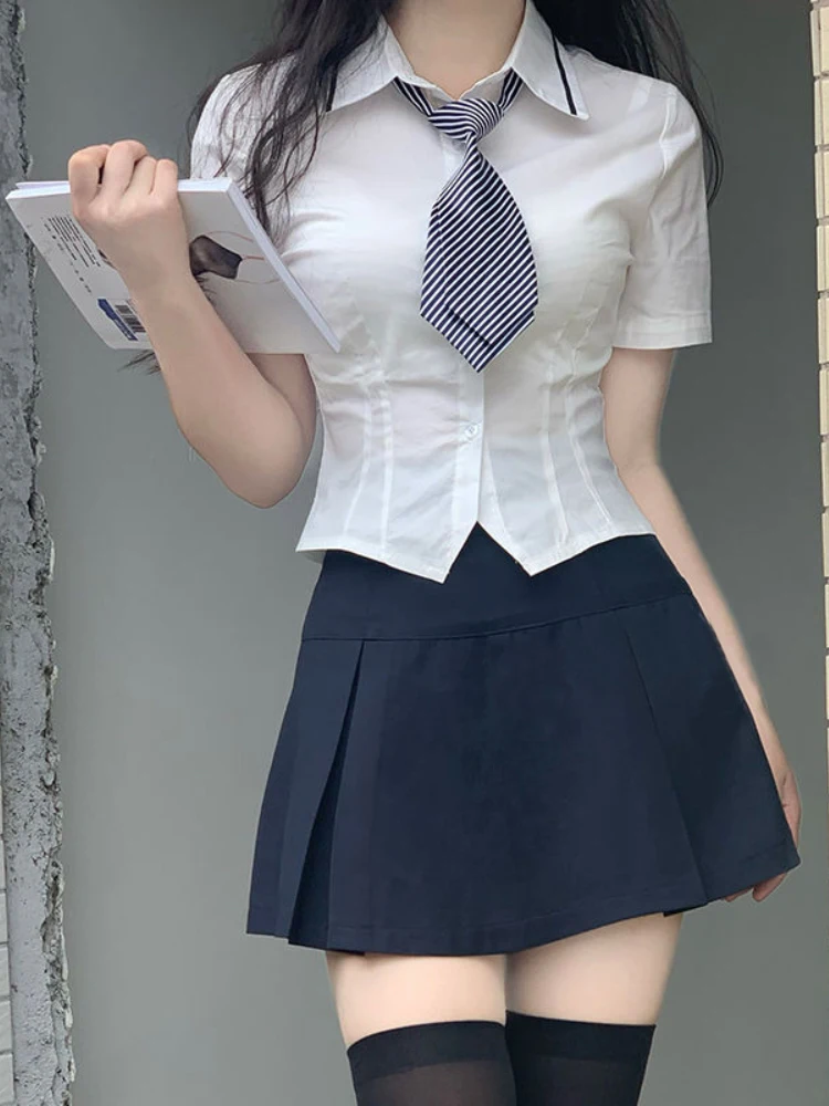 HOUZHOU Preppy Style Summer Sets Womens Outfits Korean Short Sleeve Shirt Vest Sexy Pleated Mini Skirt School Uniform Skirt Sets images - 6