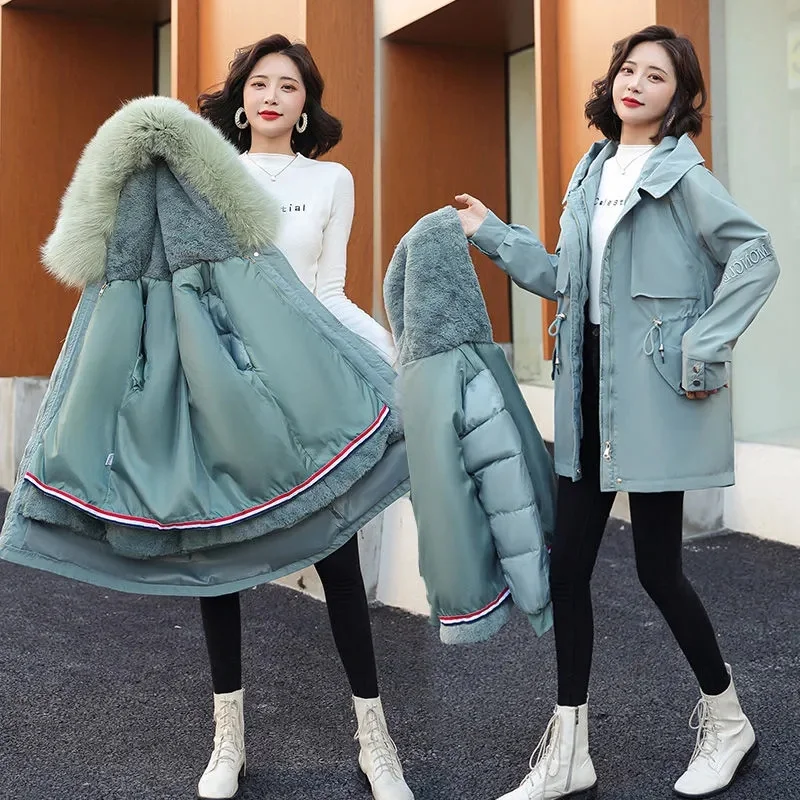 2022 New Winter Jacket Women Parkas Fur Lining Coat Fur Collar Hooded Parka Female Thick Warm Cotton Padded Jacket Outerwear