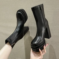 2022 winter top quality brand double platform womens boots zipper ankle booties high heels party dress vintage office shoes