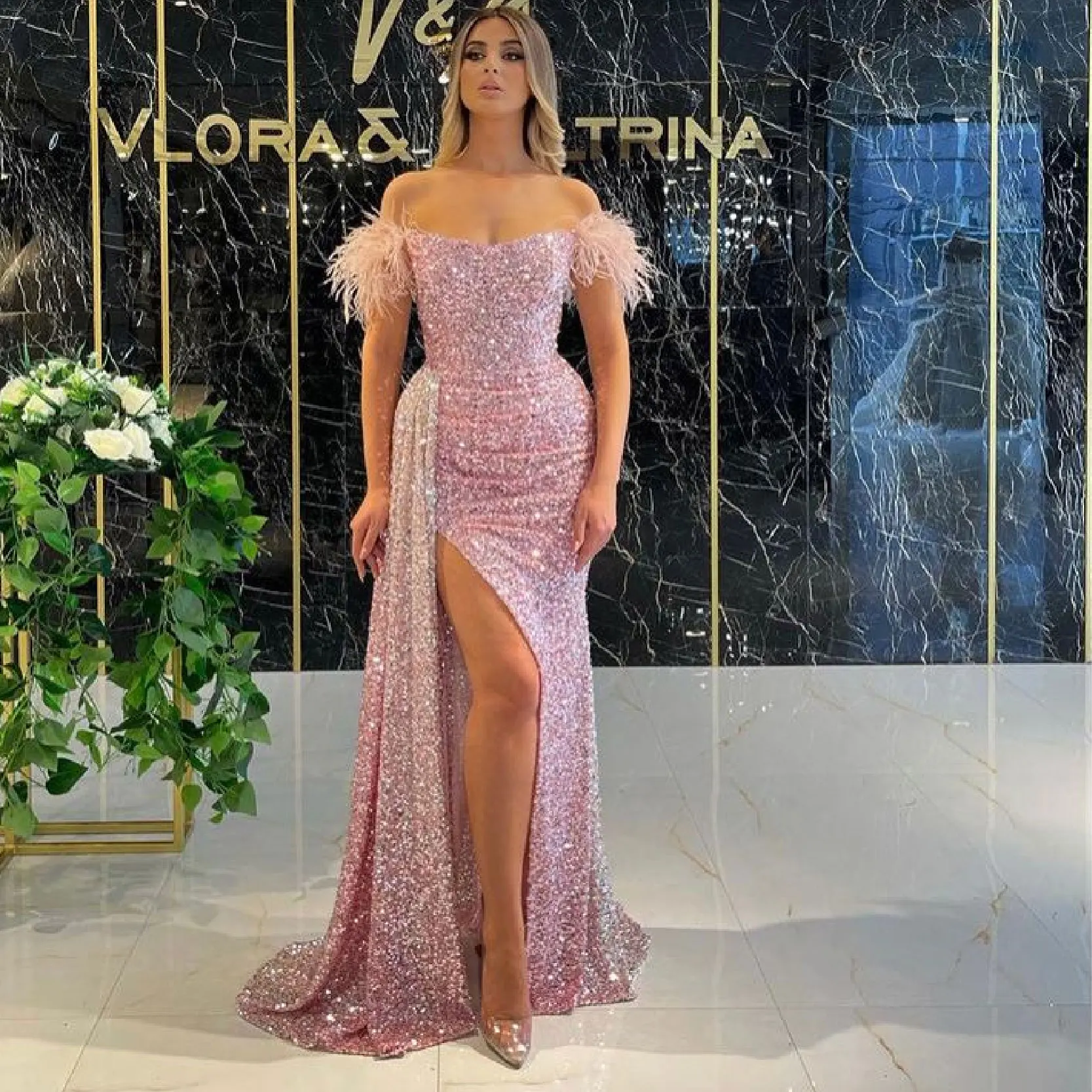 

Evening Gown Feathers Sexy Pink Mermaid Formal Dresses Long Sweetheart High Slit Simple Prom Dress Glitter Robe De Soiree Femme
