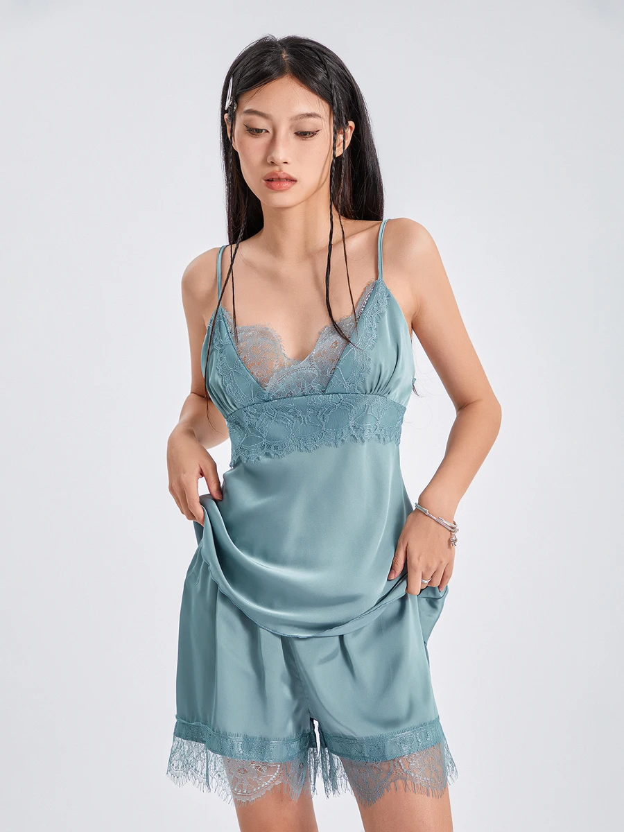 

wsevypo Women 2 Piece Pajamas Set Lace Trim Satin Sleepwear Loungewear Summer Sleeveless V Neck Sling Camisole+Elastic Shorts