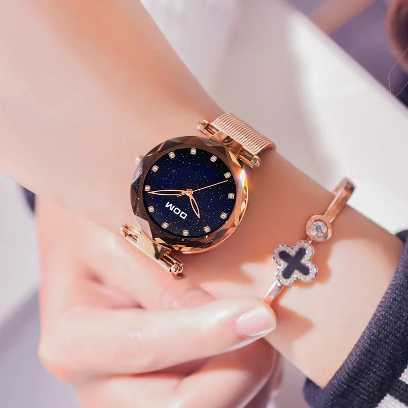 DOM Starry Dial Crystal  Watch Bracelet Waterproof Stainless Steel Luxury Brand Rose Gold Ladies Quartz G-1244GK-1M2