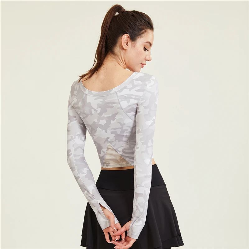 Vansydical Sexy Women Camouflage Sport Shirts High Elastic Gym Yoga Tops Running Breathable Long Sleeve T-Shirts Tie Dye Top