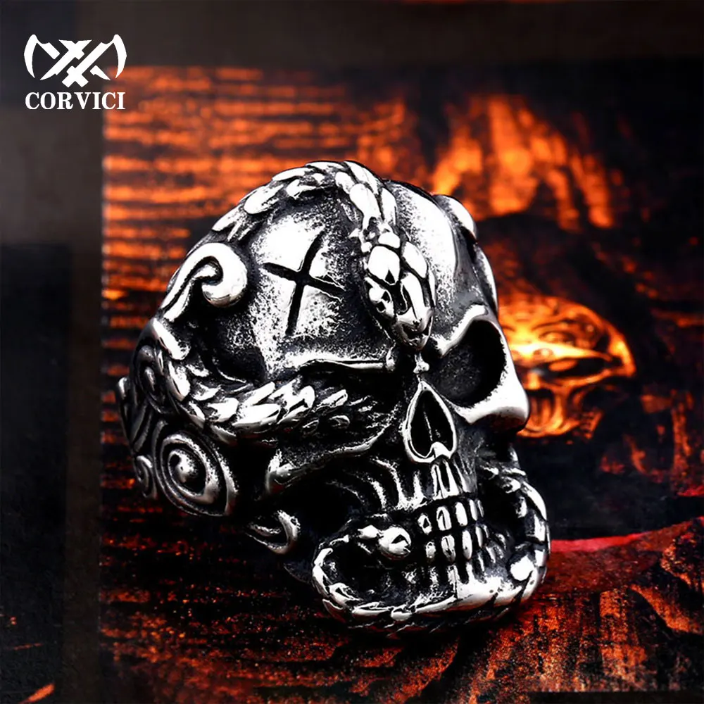 

2022 Viper Snake Skull Punk Rings Stainless Steel Vintage For Motorcycle Biker Man Gothic Rock Mens Animal Finger Ring