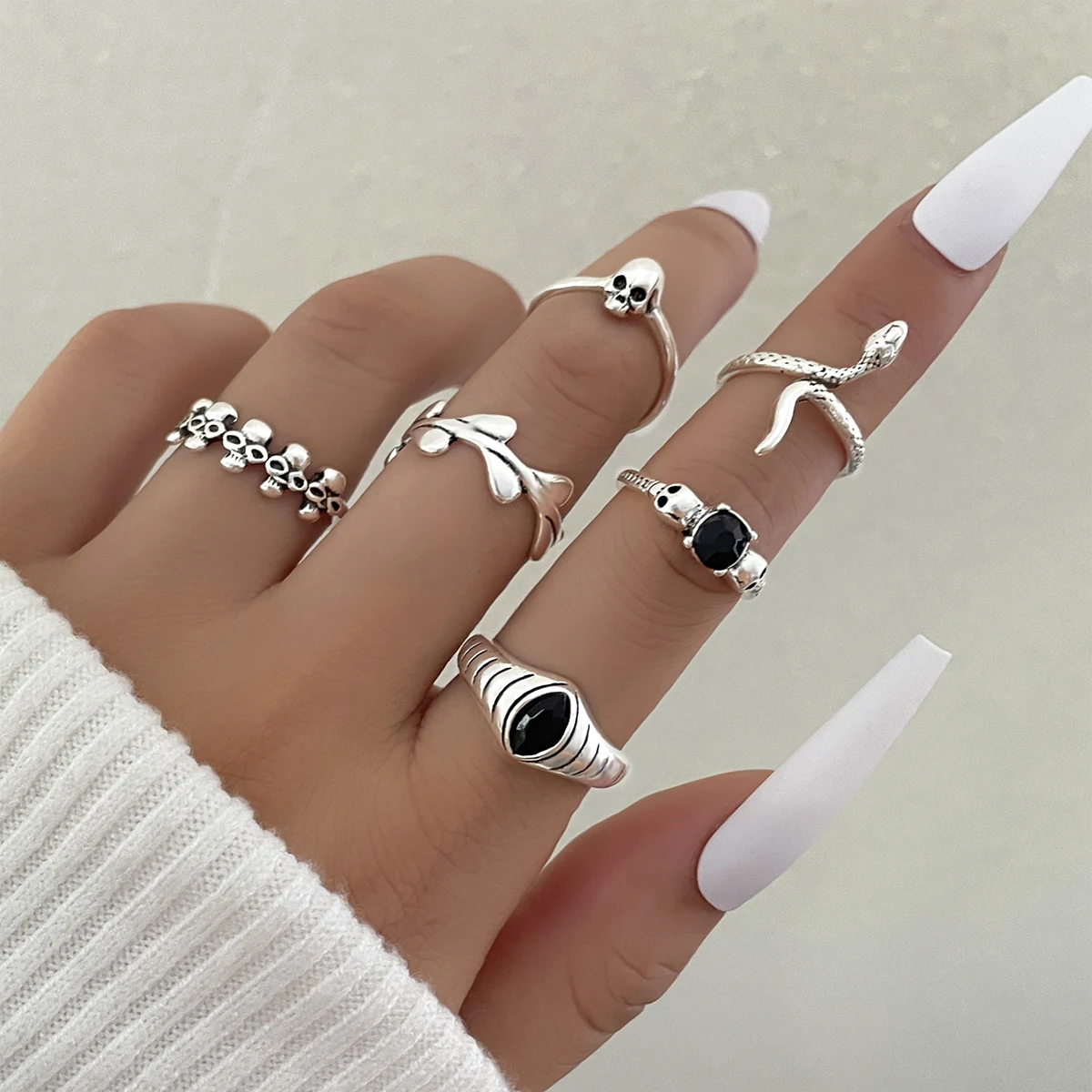 

Stillgirl 6Pcs Punk Silver Color Snake Rings for Women Goth Skeleton Set Geometric Vintage Kpop Couple Emo Jewelry Anillos Mujer