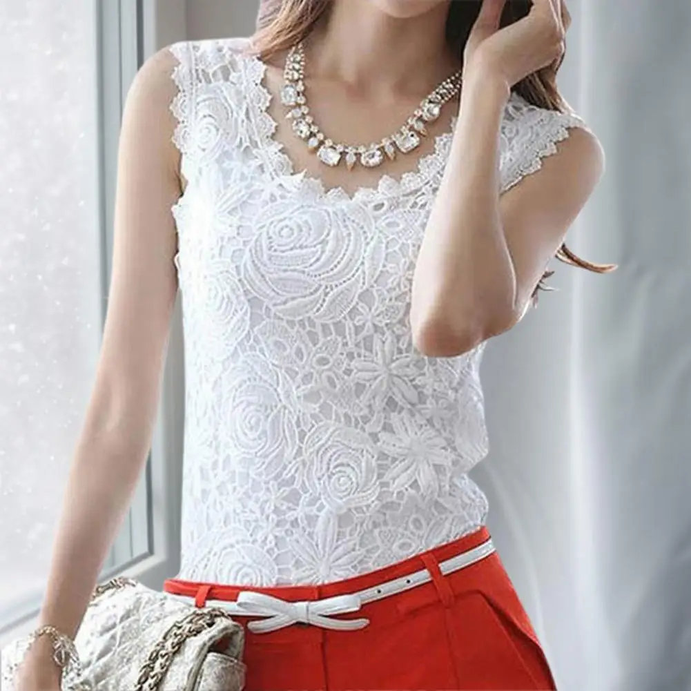 

Trendy Vest Top Skin-touching Stretchy Pure Colors Floral Lace Crochet Tunic Top