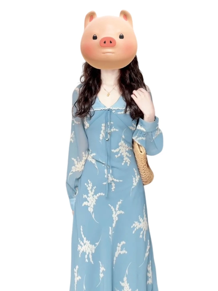 Французское синее платье с цветочным принтом и длинными рукавами детское Новое