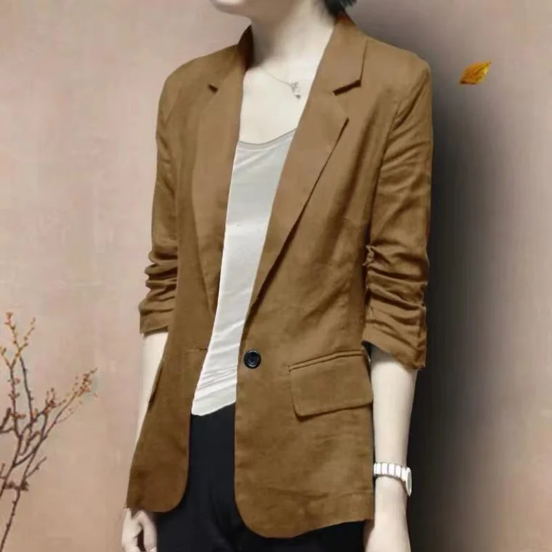 New Vintage Cotton Blazer Women Spring Summer Coat Seventh Sleeve Thin Jacket Korean Fashion Tops Business Office Ladies Suit