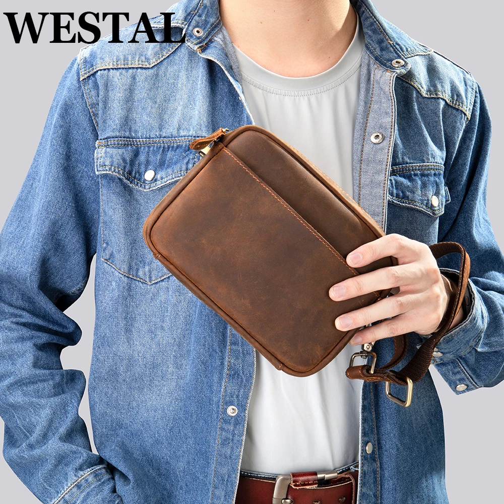 

WESTAL Men's Leather Shoulder Bag Male Crossbody Messenger Bag Crazy Horse Leather Clutch Bag Side Pack Sling Bag Handbag 클러치백남성