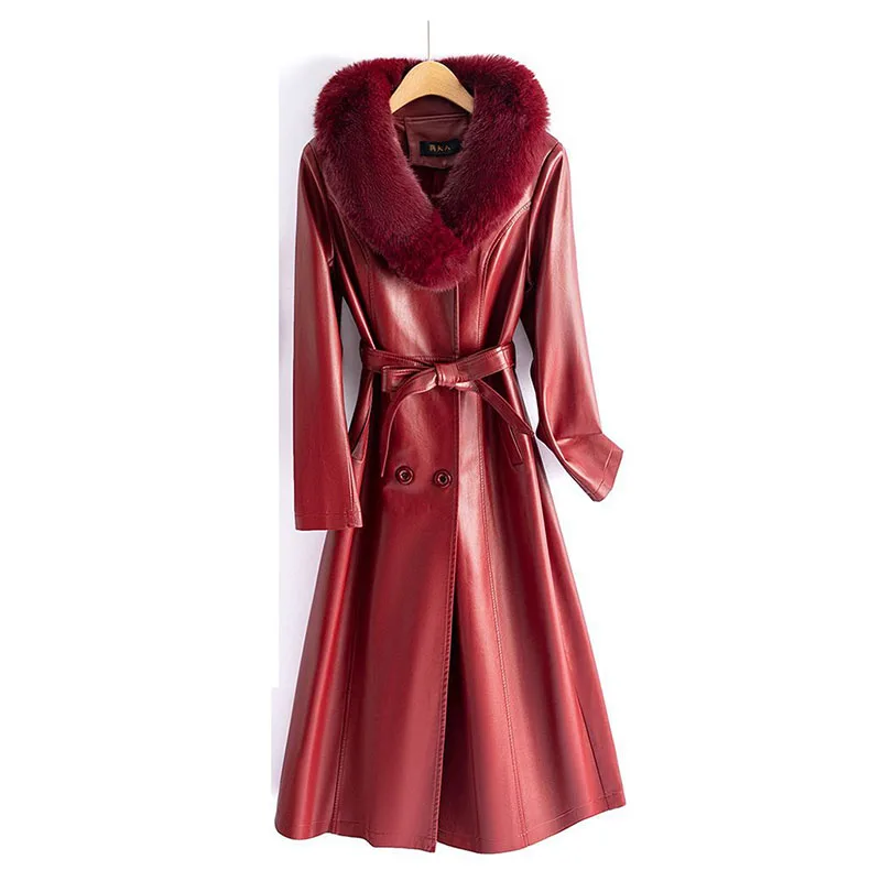 Женское толстое женское кожаное пальто средней длины из натуральной кожи